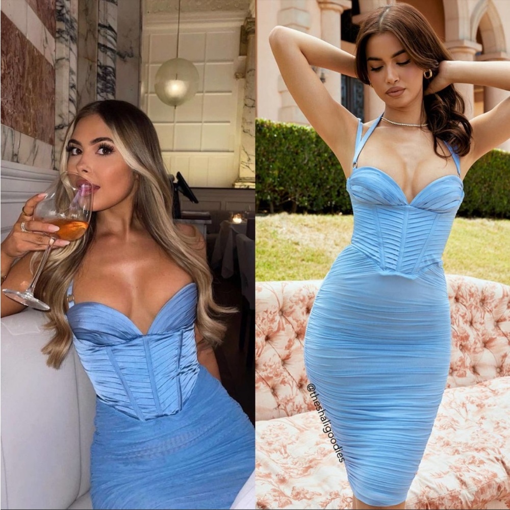 HOUSE OF CB Dress Josephine Baby Blue Pleated Corset Midi Dress